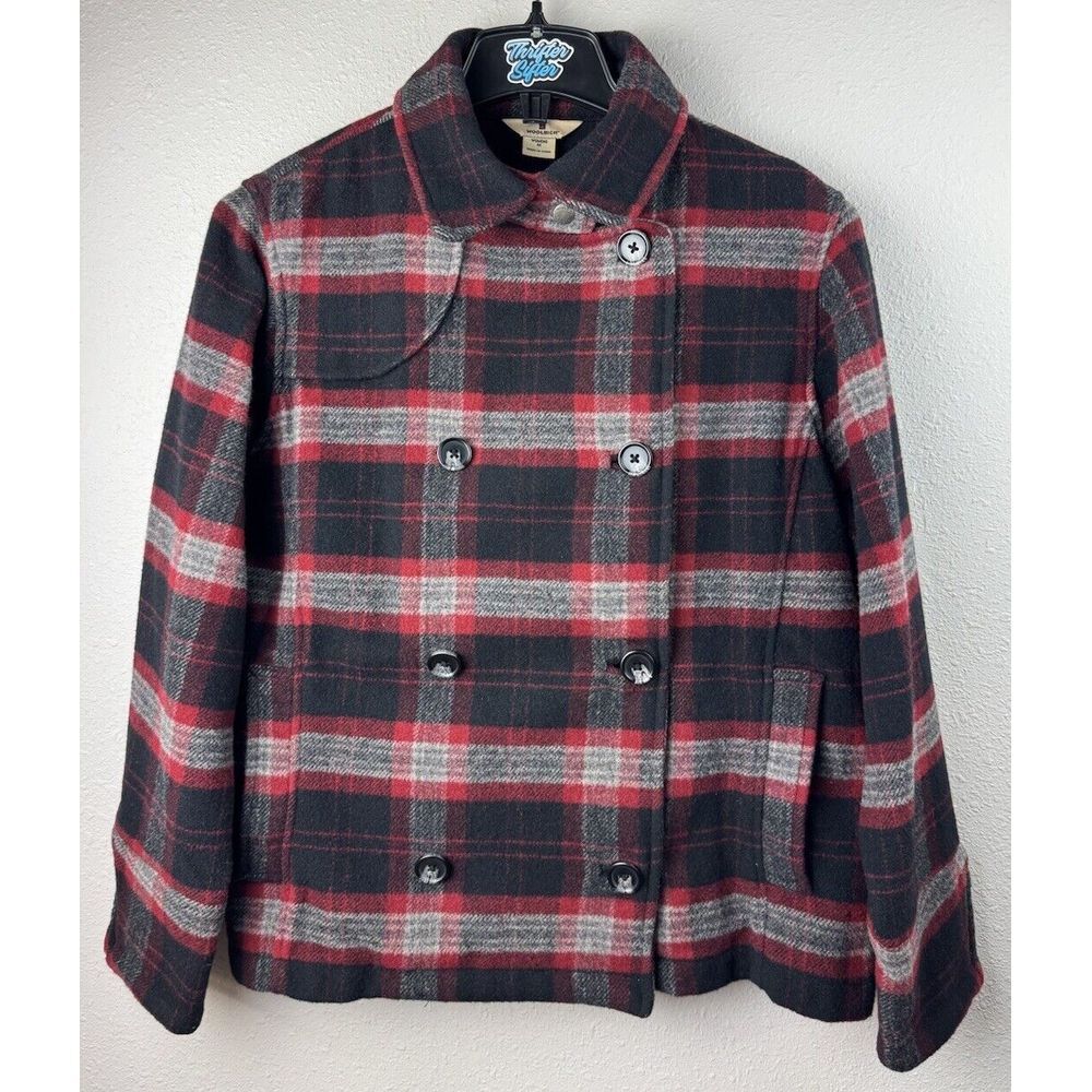Woolrich Women's Medium Red Black Plaid Double Breasted Pea Coat